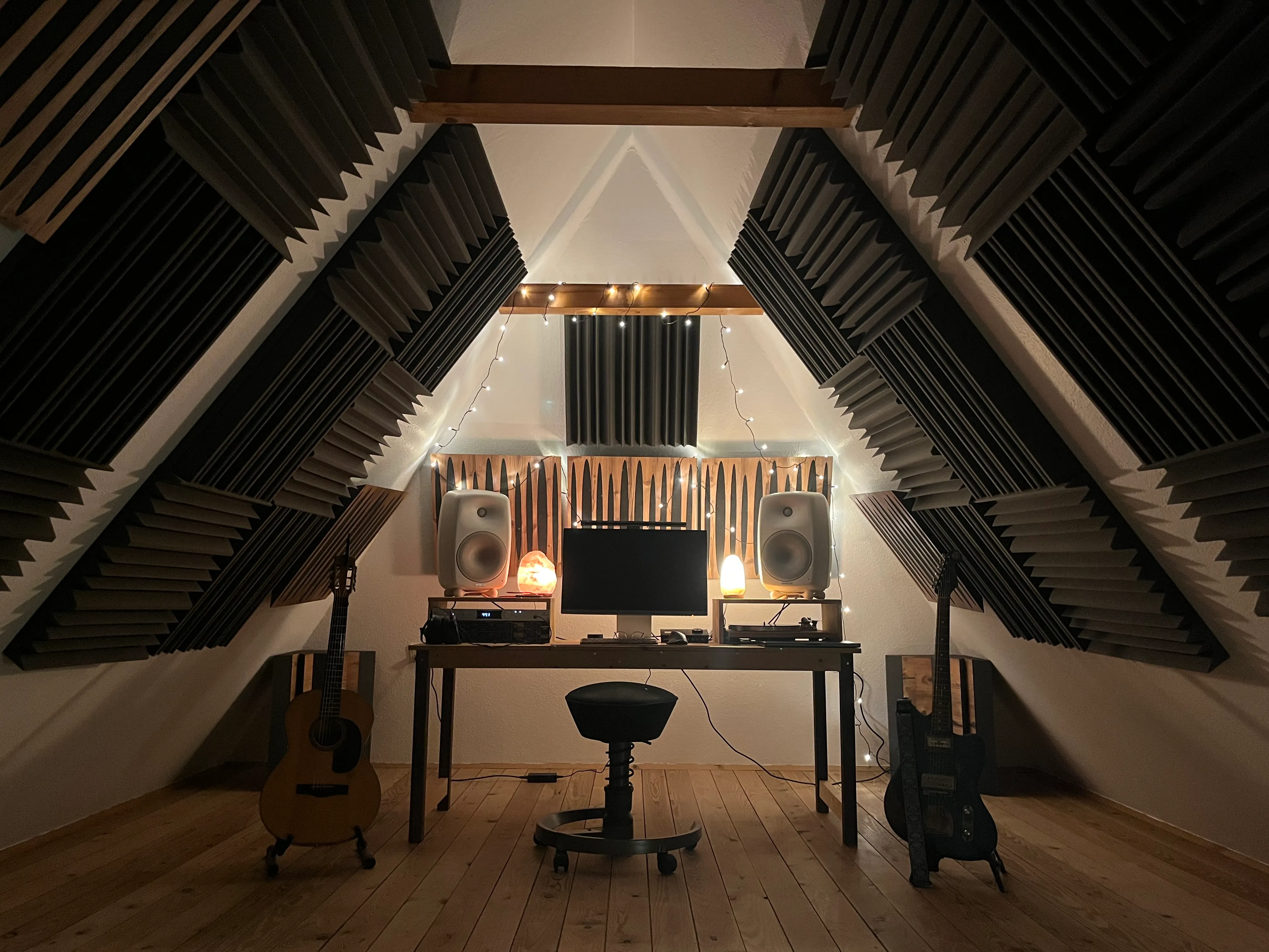 Hesseldahl Sound mastering studio on Tåsinge, with Genelec monitors and acoustic treatment in a timber attic